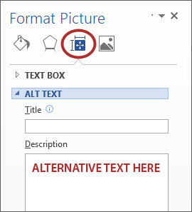 Screenshot emphasizing inserting alt text in the 'Description' field of the 'Format Picture' dialog.