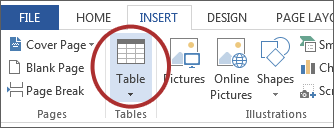 Screenshot of the 'Table' option highlighted under the 'Insert' tab on the ribbon.