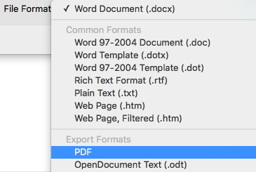 Screenshot of the 'PDF' option selected in the 'File Format' menu.