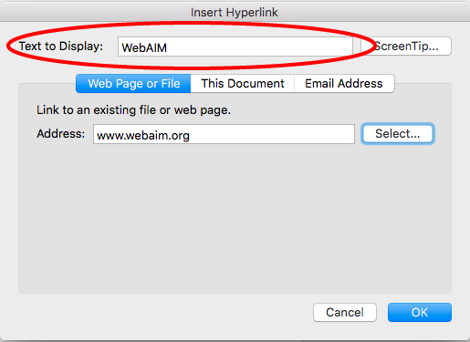 Screenshot of the 'Text to display' field highlighted in the 'Insert Hyperlink' dialog.
