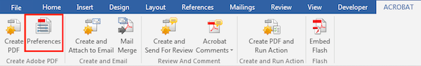 Screenshot of the 'Preferences' option highlighted on the 'Acrobat' tab.