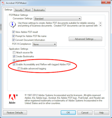 Screenshot of the 'Enable Accessibility and Reflow with tagged Adobe PDF' setting checked and highlighted in the 'Acrobat PDFMaker' dialog.