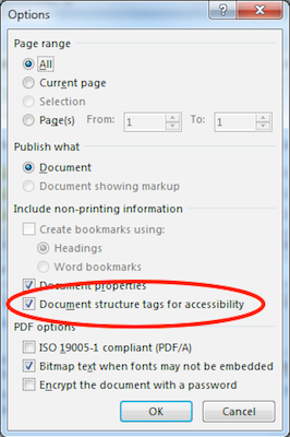 Screenshot of the 'Document structure tags for accessibility' option checked and highlighted in the 'Options' dialog.