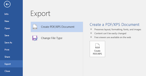 Screenshot of the 'Create PDF/XPS Document' option selected from the 'Export' options.