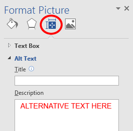Screenshot of the 'Layout & Properties' icon highlighted in the 'Format Picture' dialog. Inserting alt text in the 'Description' field is emphasized.