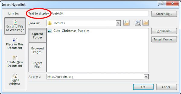 Screenshot of the 'Text to display' field highlighted in the 'Insert Hyperlink' dialog.