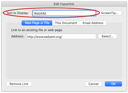 Screenshot of the Edit Hyperlink dialog with the Text to display field highlighted
