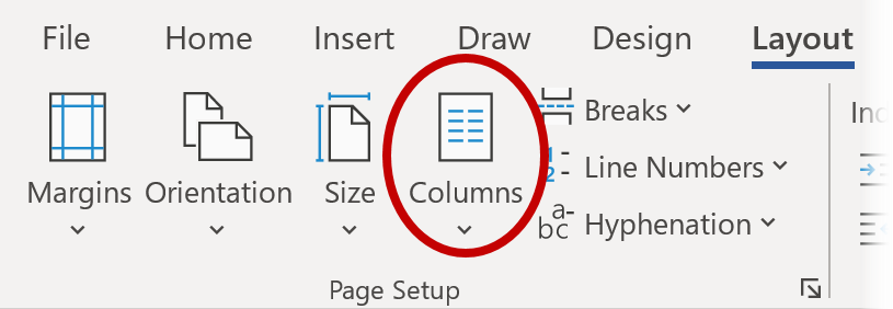 Screenshot of the 'Columns' menu icon highlighted on the 'Layout' tab.