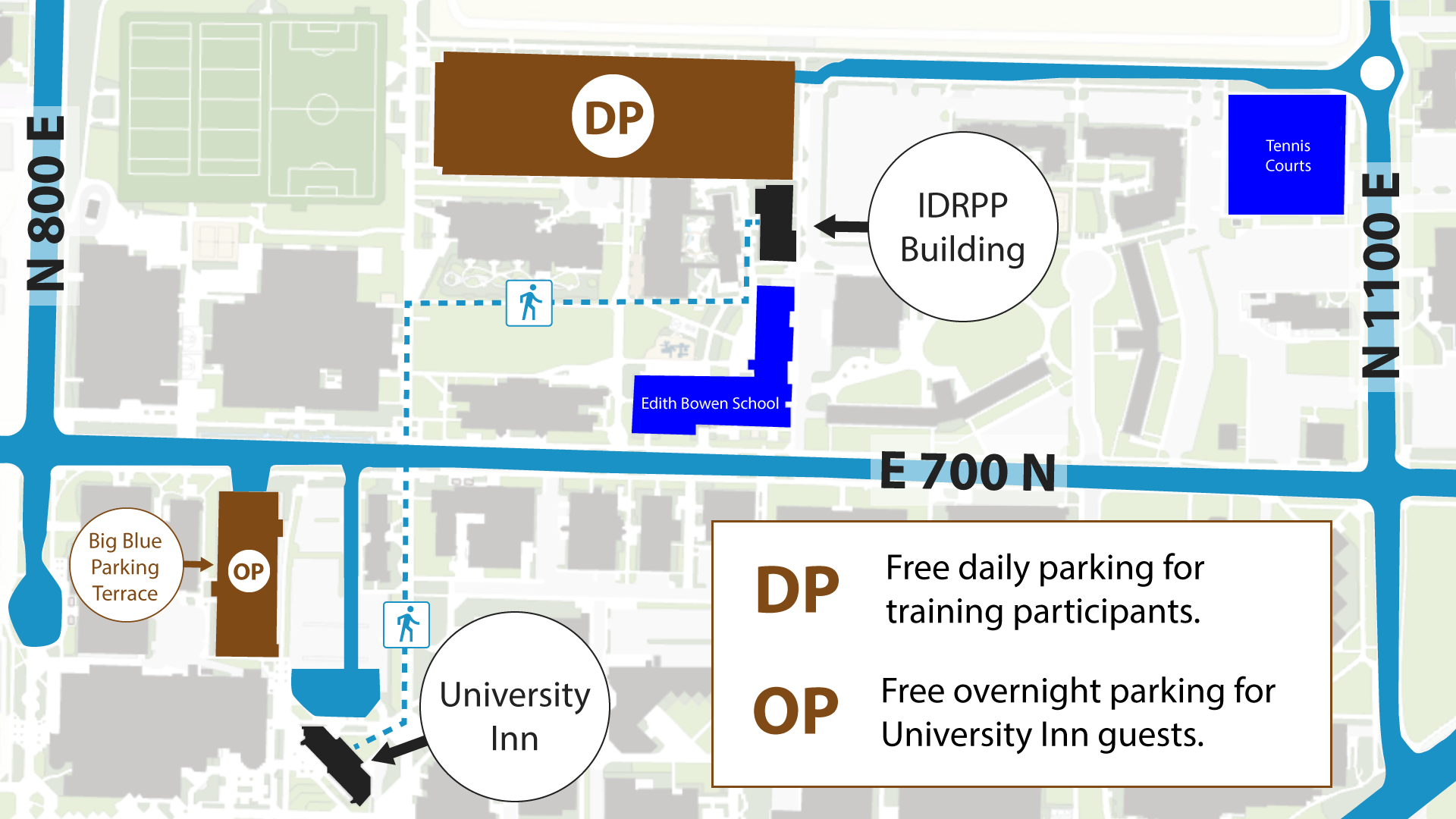 The IDRPP building is approximately 1 block Northeast of the University Inn. It is directly North of the Edith Bowen School. There are tennis courts located on the southwest corner of the turnoff from N 1100 E to the road that leads directly to the IDRPP parking lot.